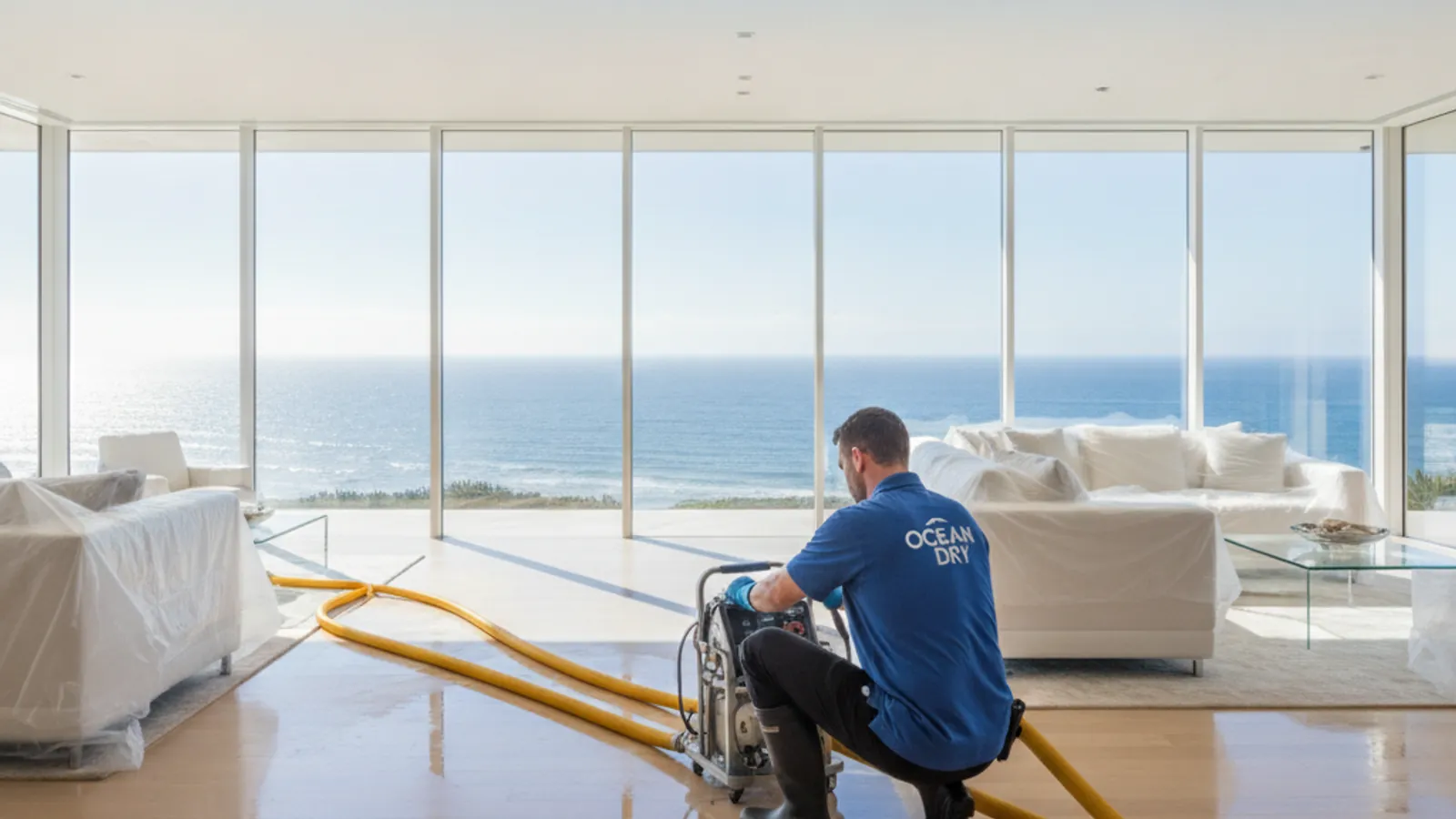 Water damage restoration technician operating extraction and drying equipment in a bright Malibu coastal home